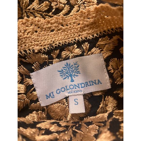 Mi Golondrina Medianoche Oro Seda Black & Gold Mexican Embroidered Blouse ~ Sz S - Picture 7 of 7